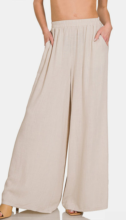 Zenana Pleated Linen Blend Wide Leg Pants-Modish