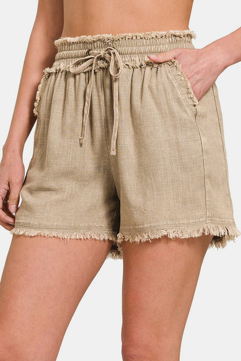 Zenana Washed Linen Frayed Hem Drawstring Shorts-Modish