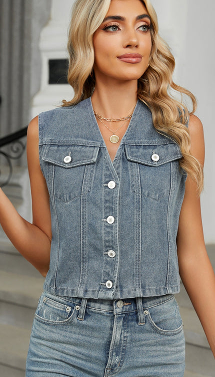 Modish V-Neck Button Down Denim Vest