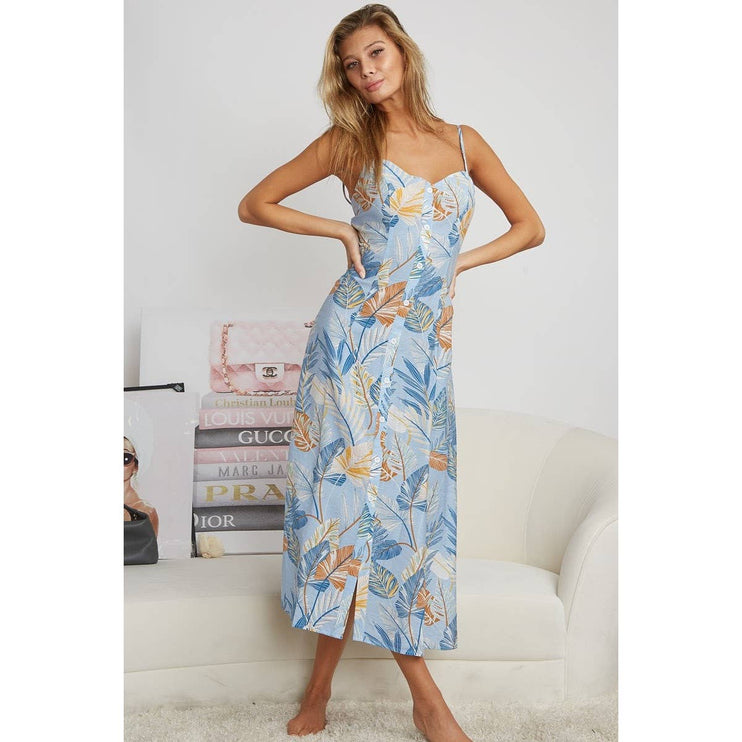 OPEN BACK WITH TIE TROPICAL PRINT DRESS