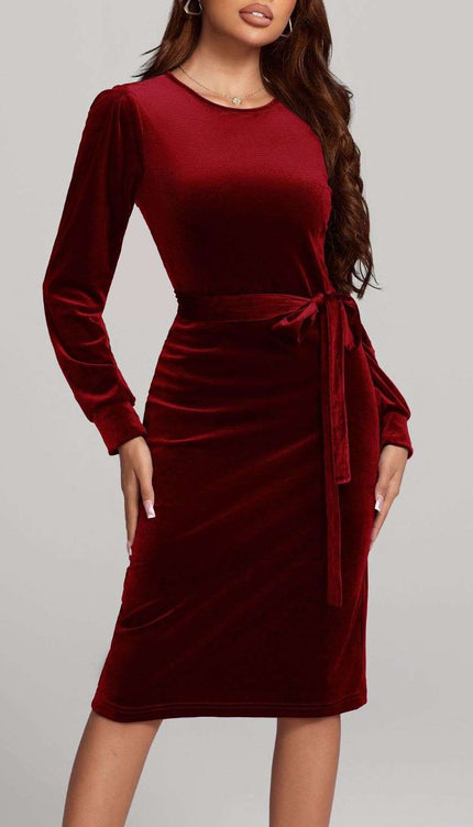 Round Neck Tie Waist Long Sleeve Velvet Dress