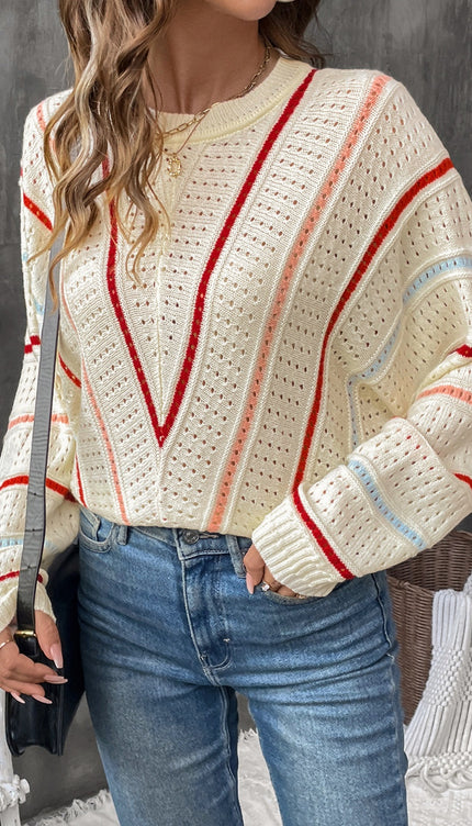 Eyelet Round Neck Long Sleeve Sweater