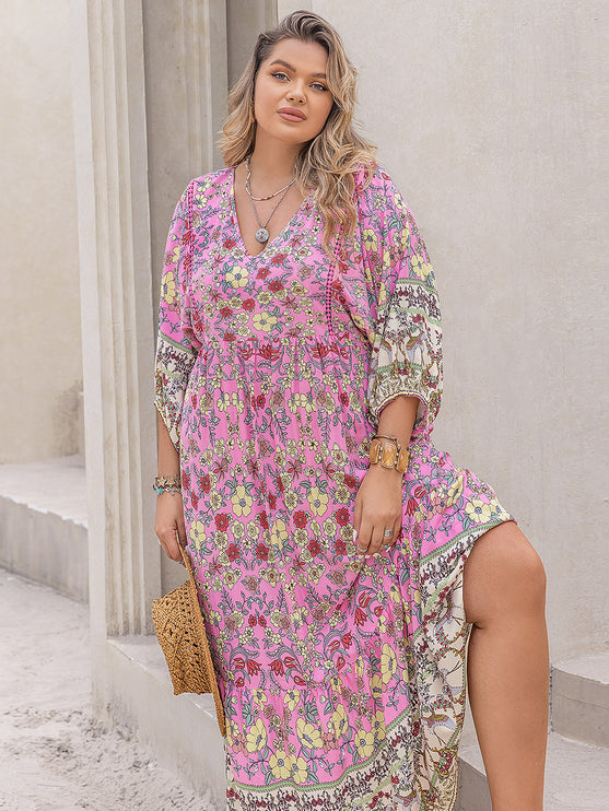 Modish Rustic Chic Plus Size Floral V-Neck Midi Dress