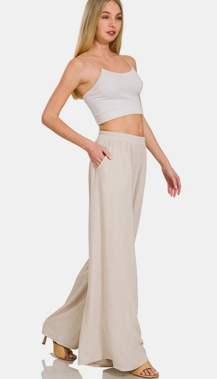 Zenana Pleated Linen Blend Wide Leg Pants-Modish