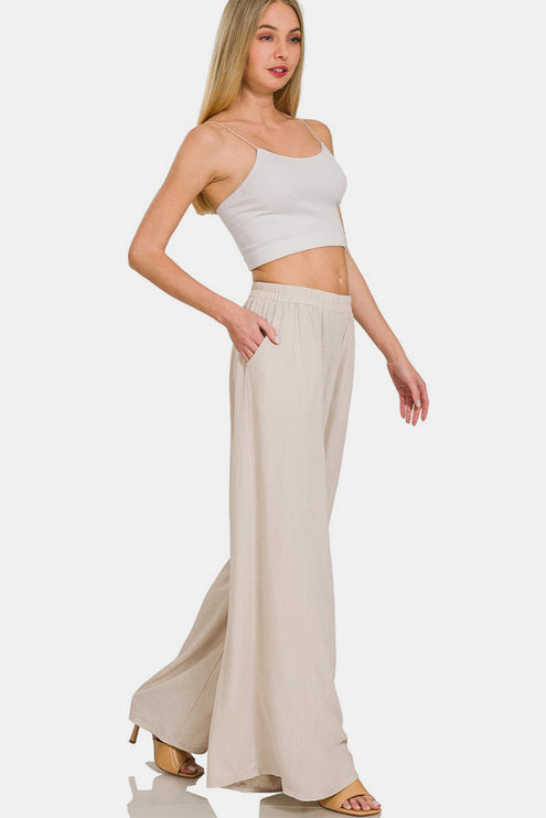 Zenana Pleated Linen Blend Wide Leg Pants-Modish