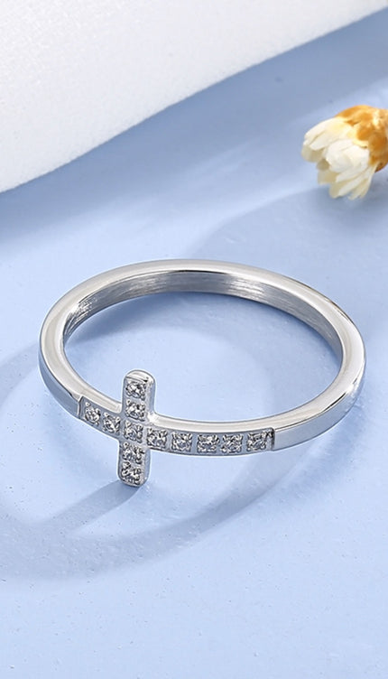 Inlaid Zircon Stainless Steel Cross Ring