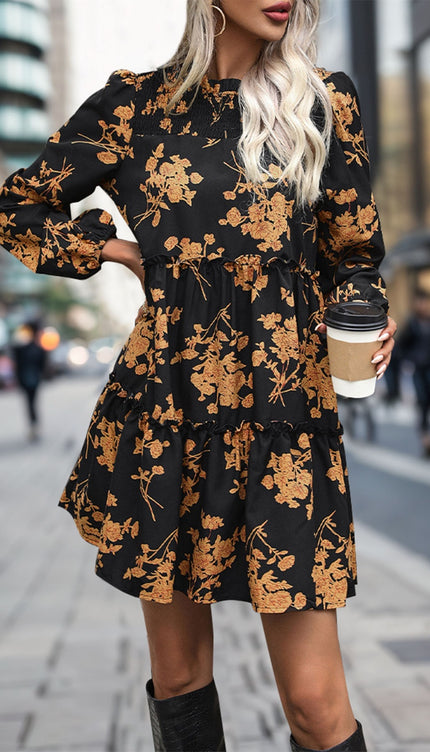 Frill Printed Long Sleeve Mini Dress