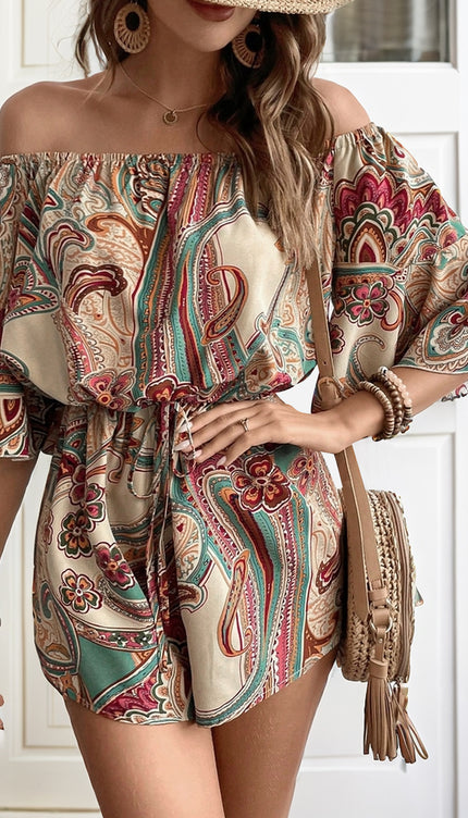 Modish Rustic Chic Print Off Shoulder Romper