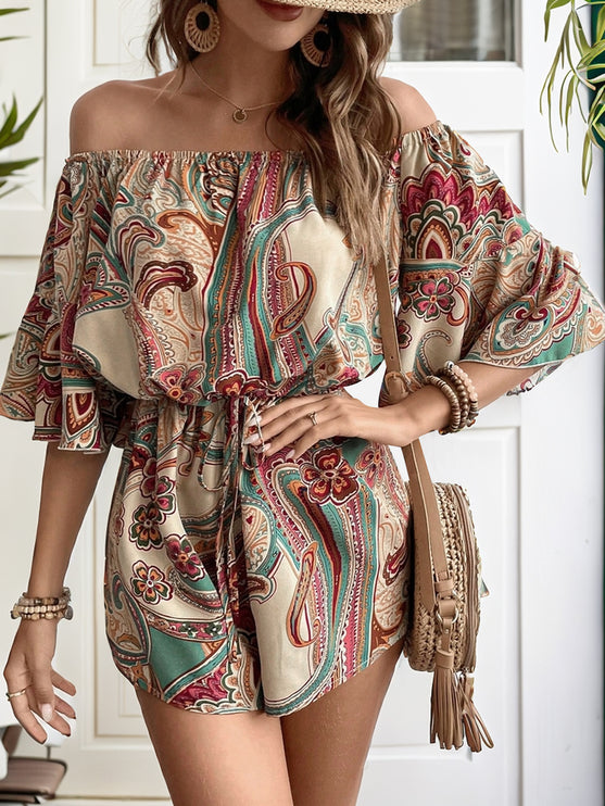 Modish Rustic Chic Print Off Shoulder Romper