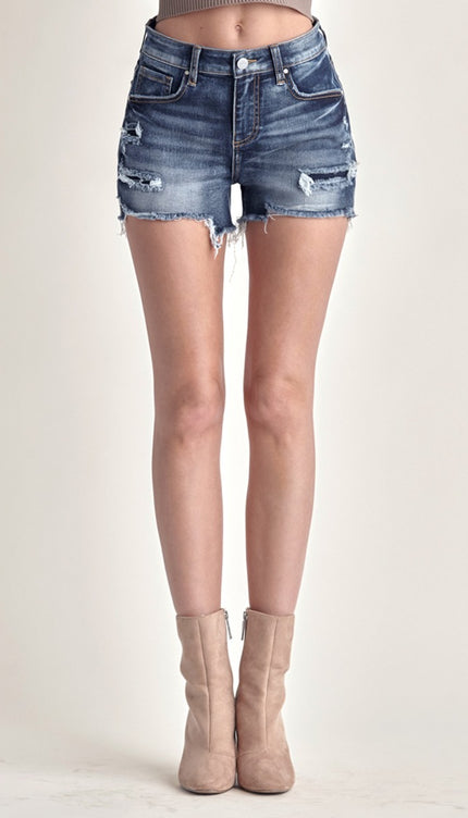 RISEN Mid Rise Raw Hem Denim Shorts-Modish