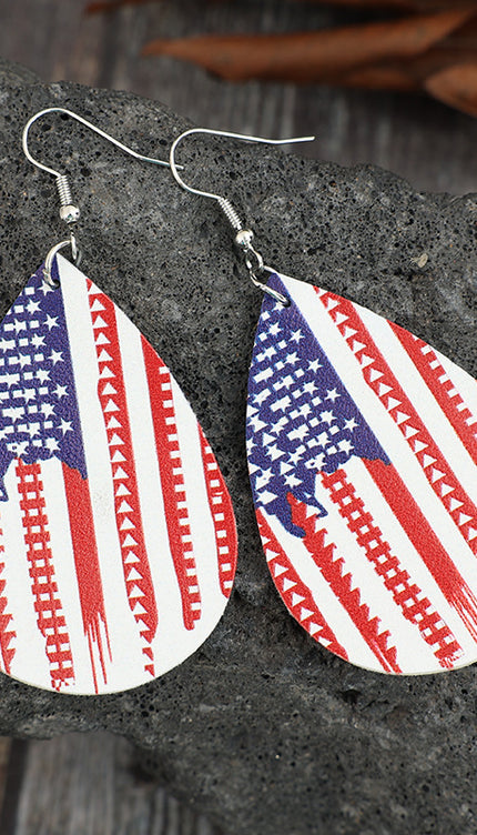 PU Leather US Flag Teardrop Shape Earrings-Modish