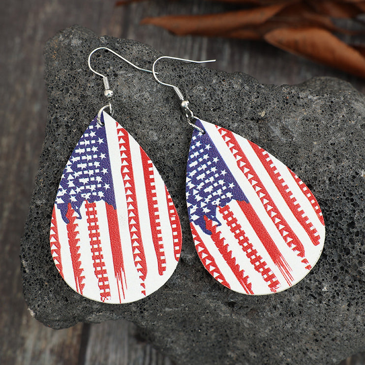 PU Leather US Flag Teardrop Shape Earrings-Modish