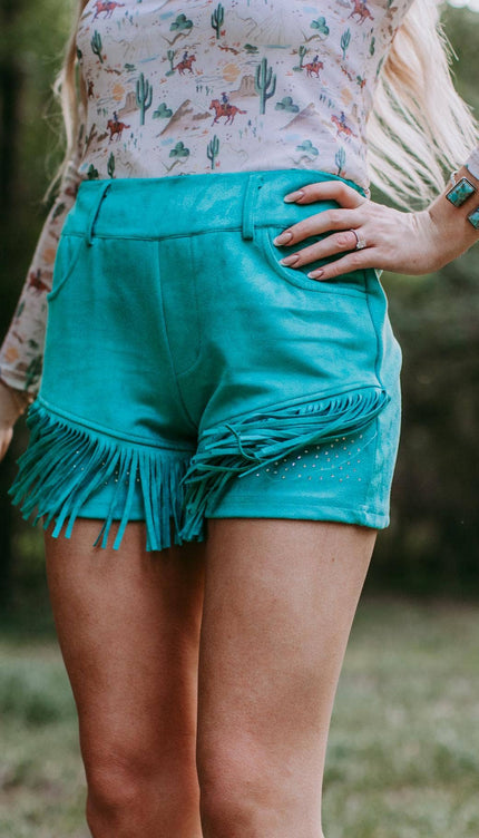 Dixie Rhinestone Embellished Fringe Shorts - Turquoise