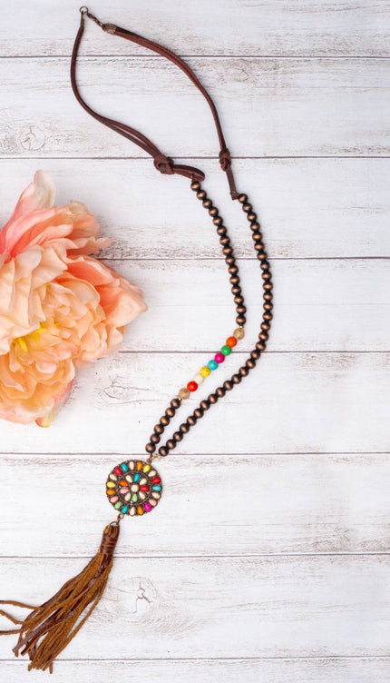 WILD WILD WEST RAINBOW SQUASH BLOSSOM TASSEL PENDANT ON A COPPER NAVAJO PEARL NECKLACE