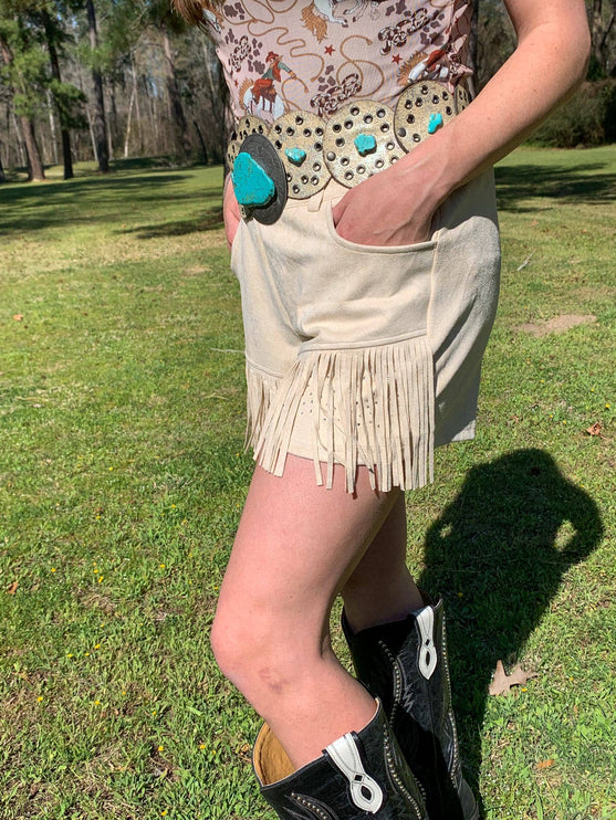 Dixie Rhinestone Embellished Fringe Shorts - Cream