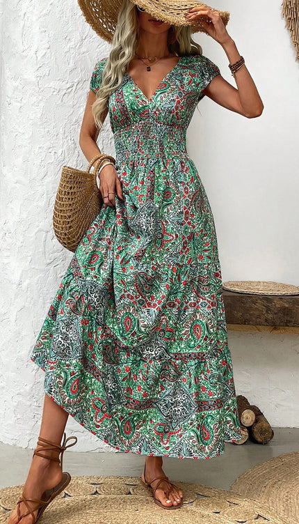 Modish Rustic Chic Smocked Print Midi Dress