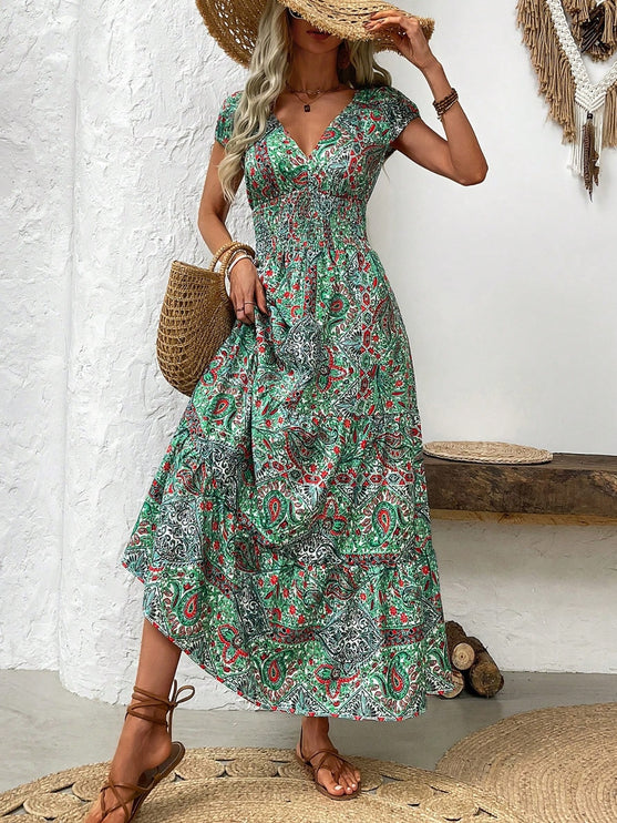 Modish Rustic Chic Smocked Print Midi Dress