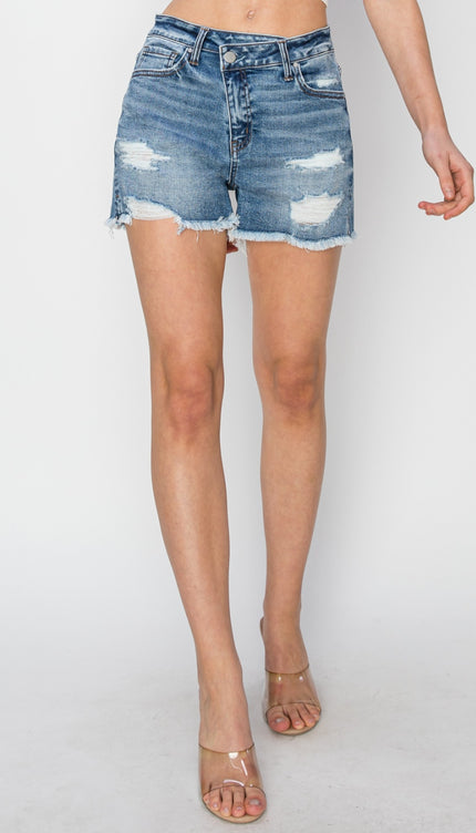 RISEN Stepped Waist Frayed Denim Shorts-Modish