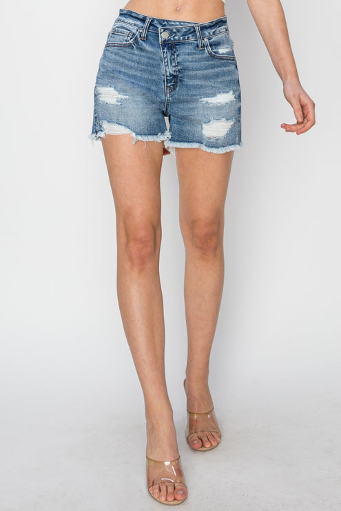 RISEN Stepped Waist Frayed Denim Shorts-Modish