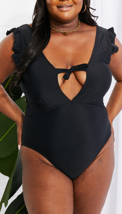 Marina West Swim Seashell Ruffle Sleeve One-Piece in Black-Modish