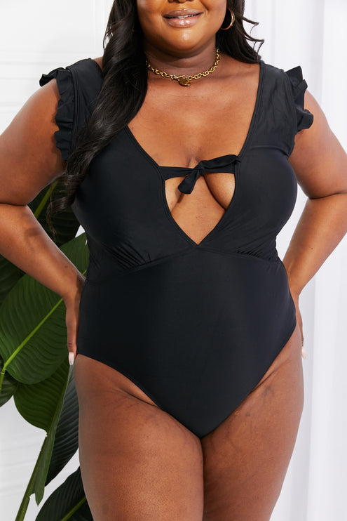 Marina West Swim Seashell Ruffle Sleeve One-Piece in Black-Modish