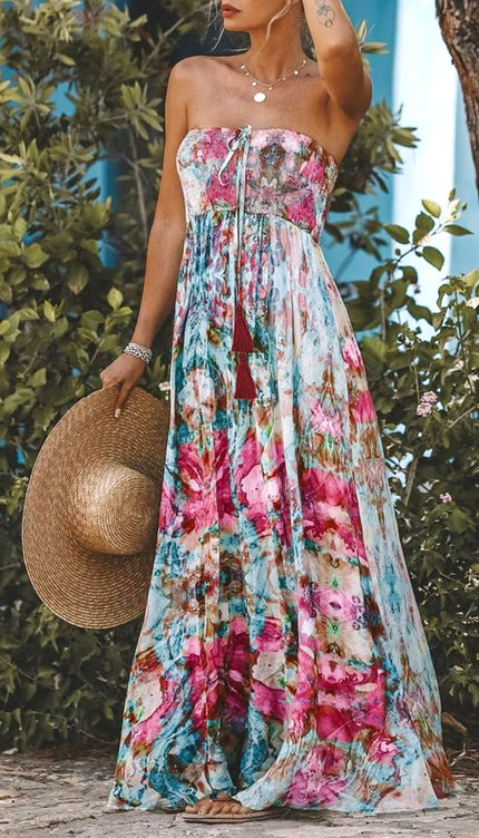 Smocked Print Maxi Dress