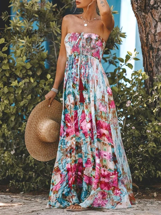 Smocked Print Maxi Dress