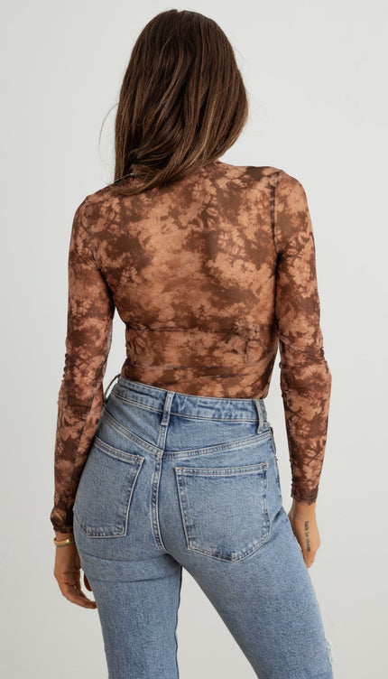 HERA COLLECTION Abstract Mesh Lace-Up Long Sleeve Bodysuit-Modish