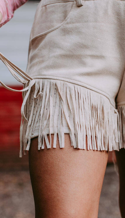 Dixie Rhinestone Embellished Fringe Shorts - Cream
