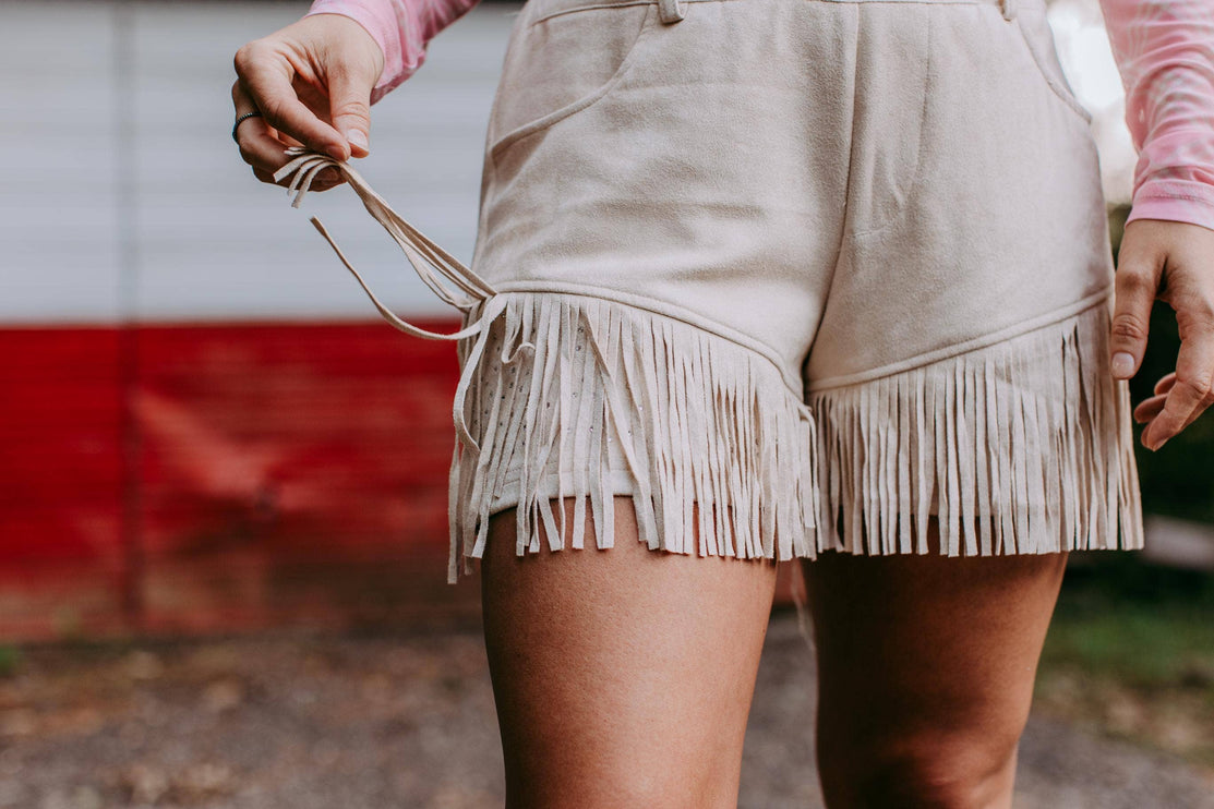 Dixie Rhinestone Embellished Fringe Shorts - Cream
