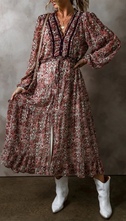 Modish Print V-Neck Long Sleeve Midi Dress