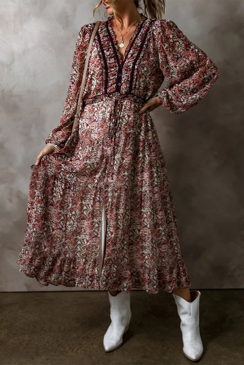 Modish Print V-Neck Long Sleeve Midi Dress