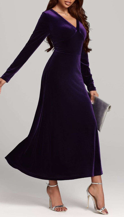 V-Neck Long Sleeve Velvet Dress