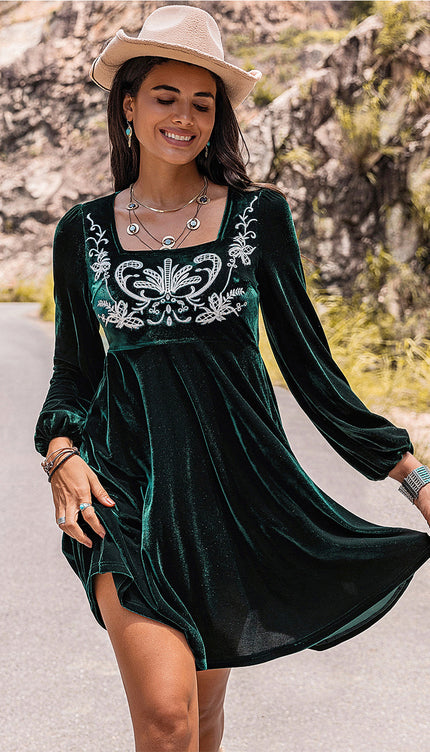 Modish Rustic Chic Embroidered Square Neck Dress