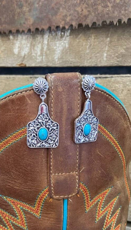 Cowtag Embossed Western Turquoise Earrings