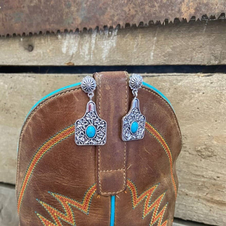 Cowtag Embossed Western Turquoise Earrings