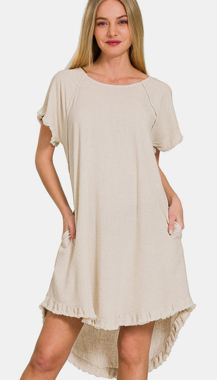 Zenana Fringe Edge High Low Flowy Dress with Pockets