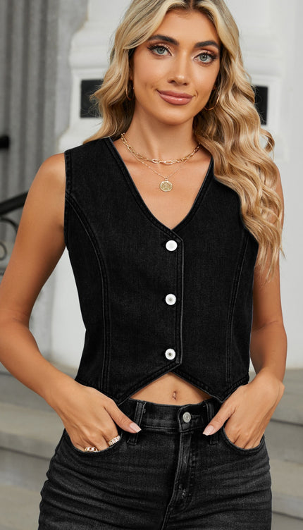 Modish V-Neck Button Down Denim Vest