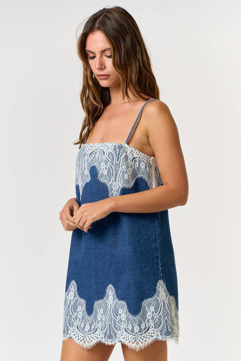 Modish Rustic Lace Detail Denim Mini Dress