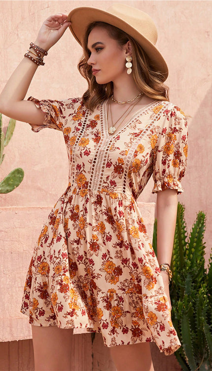 Modish Rustic Chic Floral V-Neck Ruffle Hem Dress