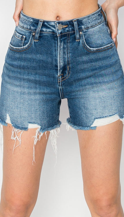 RISEN High Rise Raw Hem Distressed Denim Shorts-Modish