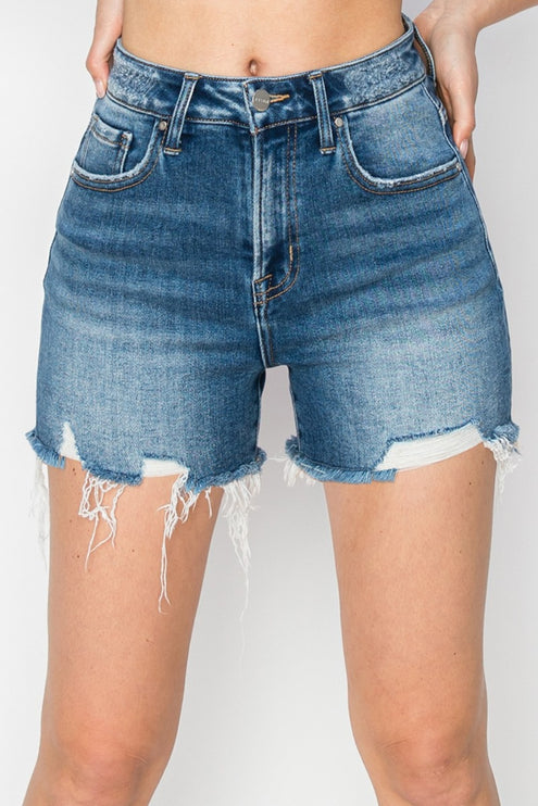 RISEN High Rise Raw Hem Distressed Denim Shorts-Modish