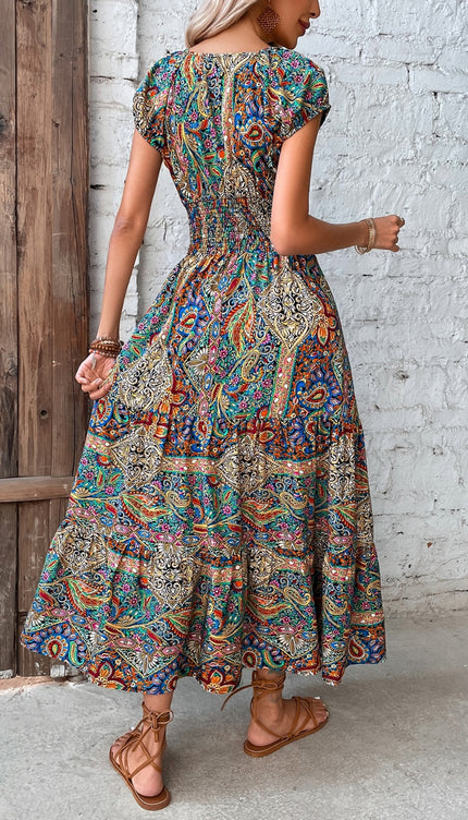 Modish Rustic Chic Smocked Print Midi Dress