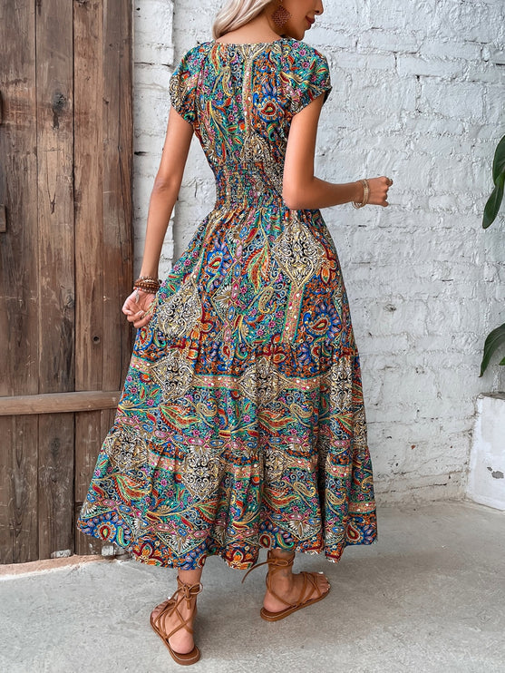 Modish Rustic Chic Smocked Print Midi Dress