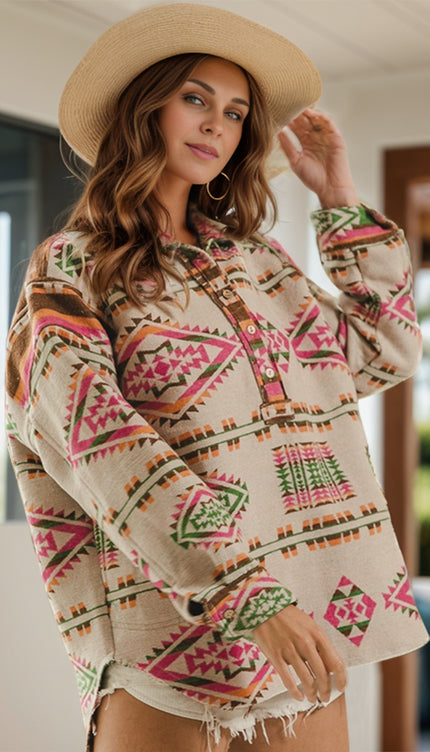 Geometric Half Button Long Sleeve Sweatshirt