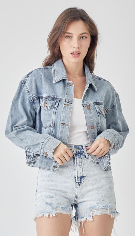 RISEN Full Size Button Down Cropped Denim Jacket