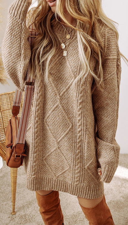 Cable-Knit Round Neck Sweater Dress