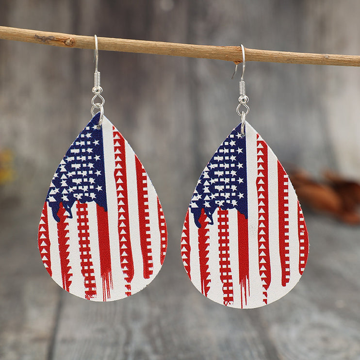 PU Leather US Flag Teardrop Shape Earrings-Modish