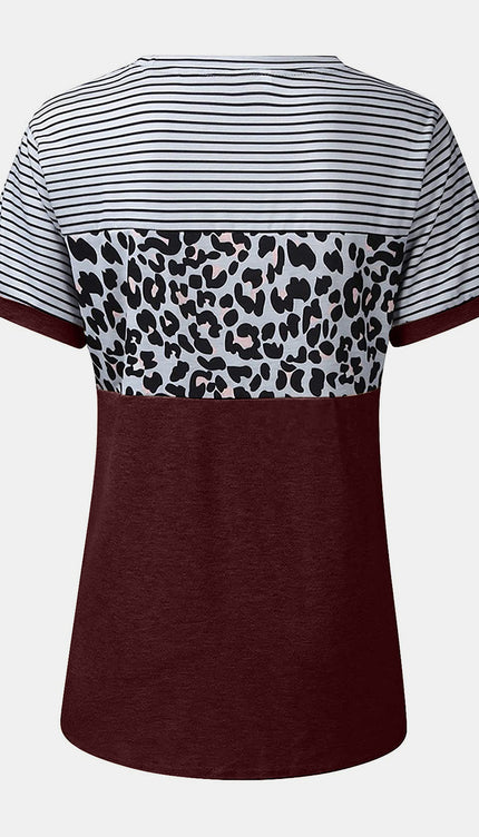 Modish Rustic Chic Striped Leopard Round Neck Shirt