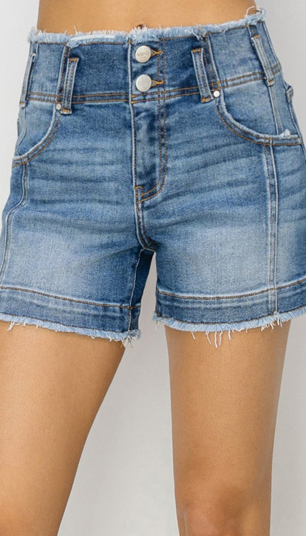 RISEN High Rise Seam Detailed Raw Edge Denim Shorts